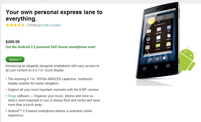 Android powered Dell Venue is now available unlocked for $499.99 through Dell only