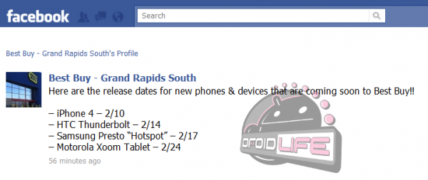 Best Buy&#039;s Facebook page reveals HTC Thunderbolt and Motorola XOOM launch dates