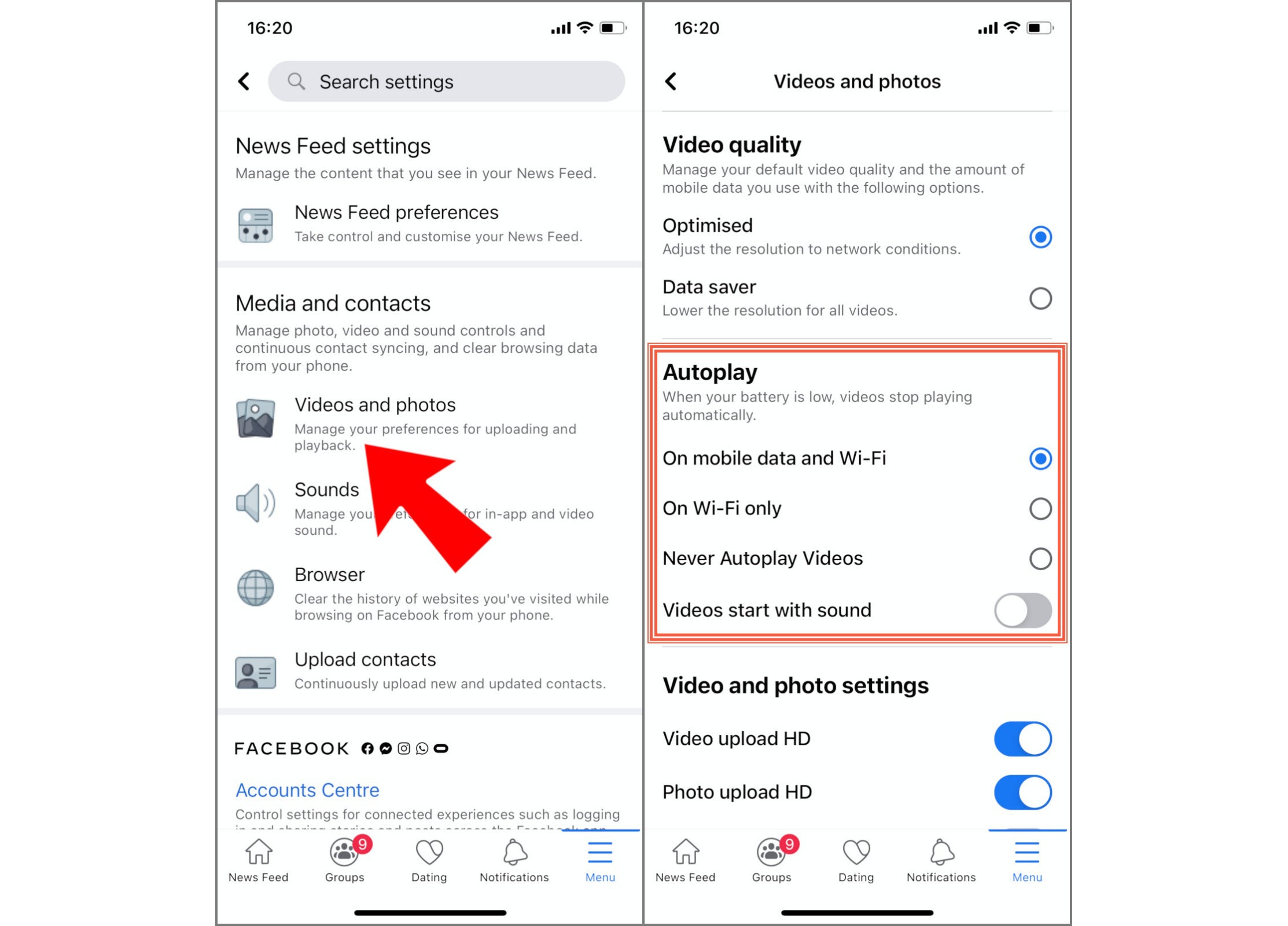 Videos and photos&nbsp;→ Autoplay - How to mute Facebook video autoplay, or disable autoplay entirely