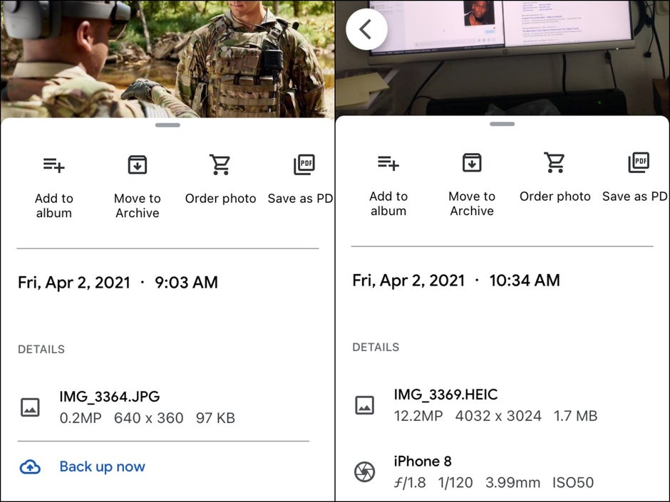 Google Photos on the right; Amazon Photos on the left - Why you can’t check image size, resolution, and more on your iPhone or iPad: Solution