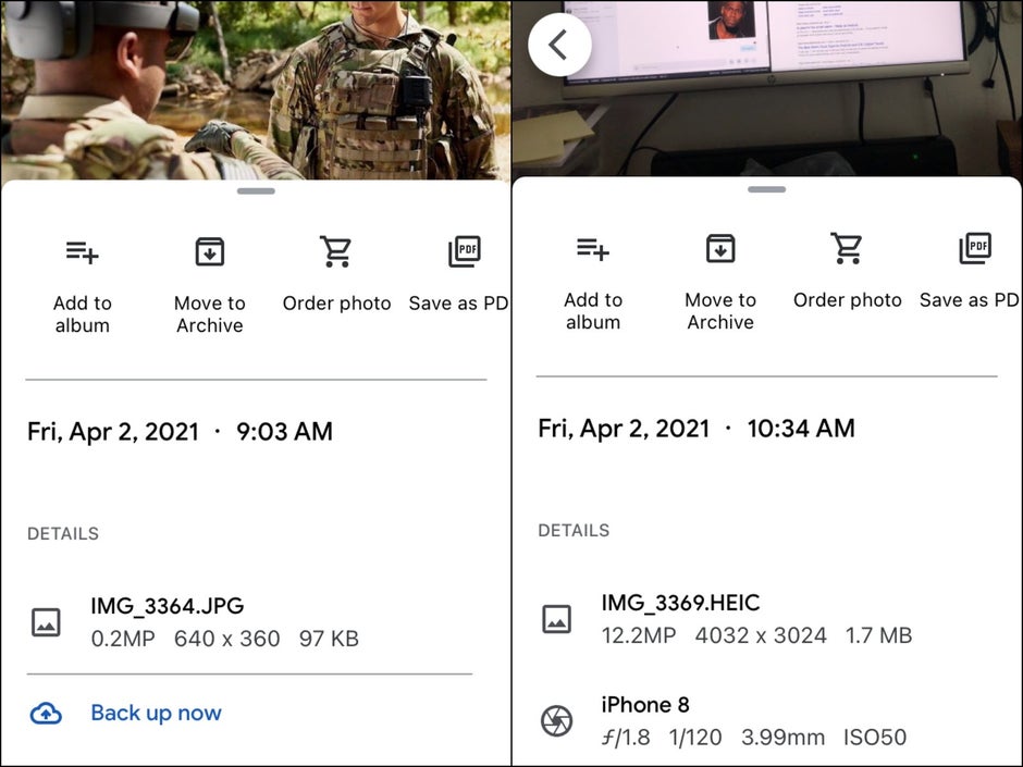 Foto Google di sebelah kanan;  Foto Amazon di sebelah kiri - Cara memeriksa ukuran gambar, resolusi, dan lainnya di iPhone atau iPad Anda