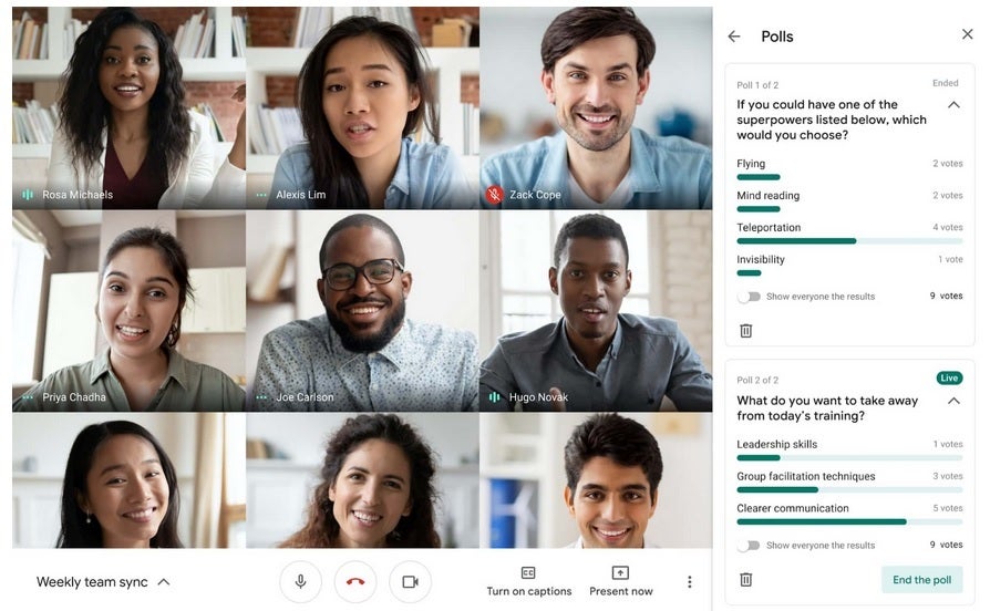Google says that taking a poll at the beginning of a video conference is a great way to break the ice - You can no longer blame your phone's battery for leaving a Google Meet video conference