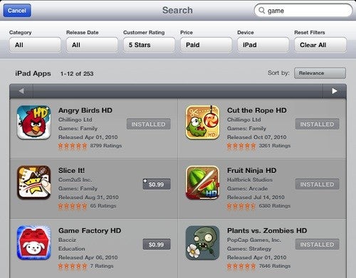 iPad&#039;s App Store now supports filtering