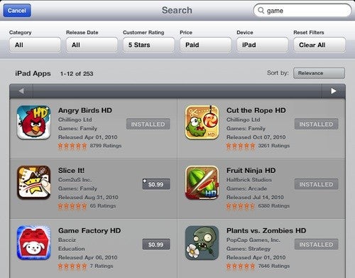 iPad's App Store now supports filtering
