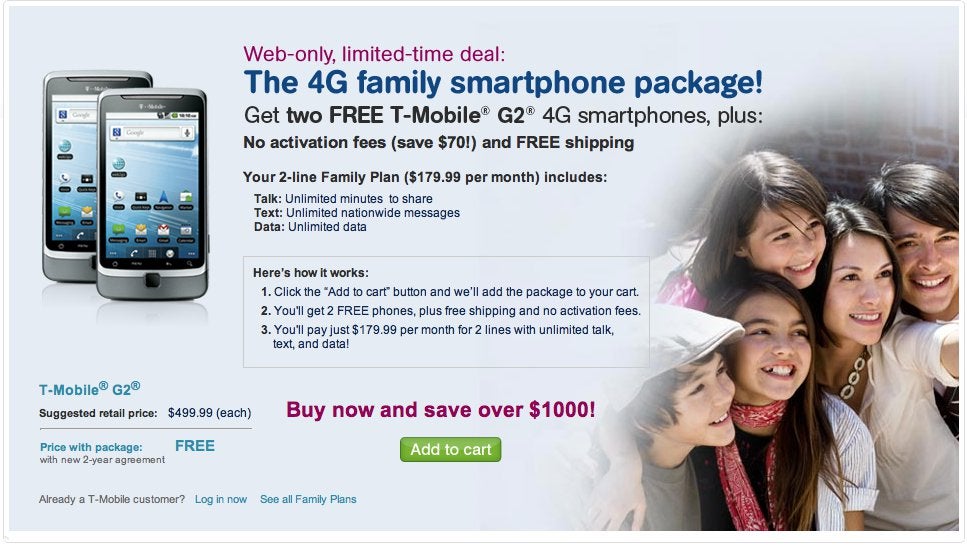 T-Mobile is offering 2 free G2 units to new customers signing with an unlimited family plan