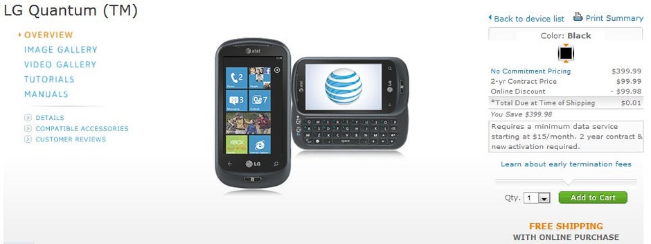LG Quantum for $0.01. - AT&T is selling the LG Quantum for $0.01 & Sony Ericsson Xperia X10 for $19.99