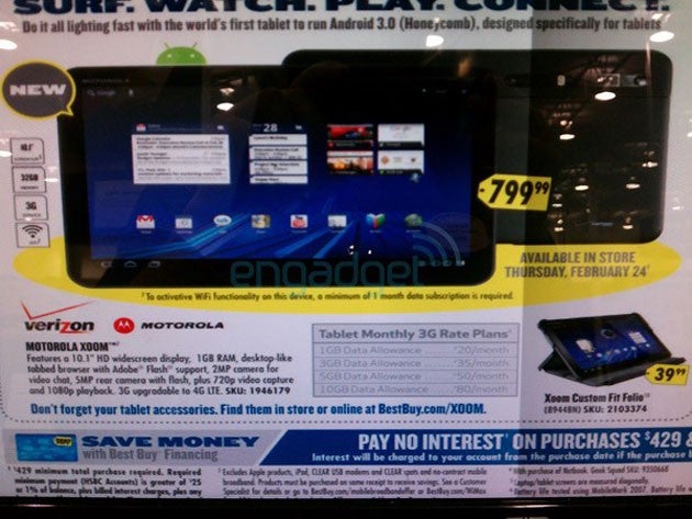 According to this circular, the Motorola XOOM will be available at Best Buy, starting February 24th, for $799.99 - Best Buy mailer shows $799 launch price on February 24th for Motorola XOOM