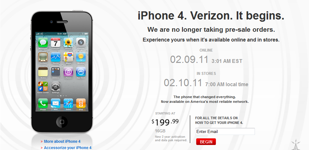 Verizon will start real time online ordering of the Apple iPhone 4 on Wednesday at 3am EST; the device will be available in stores atarting Thursday at 7am local time - Verizon to start real time ordering of the Apple iPhone on 2/9; phone to be in stores on 2/10