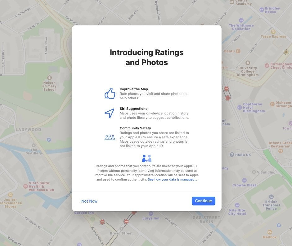 The first time that you want to rate a place or write a review, this box will appear - Feature found in U.K. version of Apple Maps is coming to the U.S.