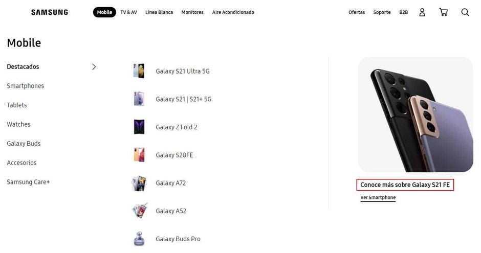 Samsung 'Galaxy S21 FE' mentionné accidentellement sur le site officiel