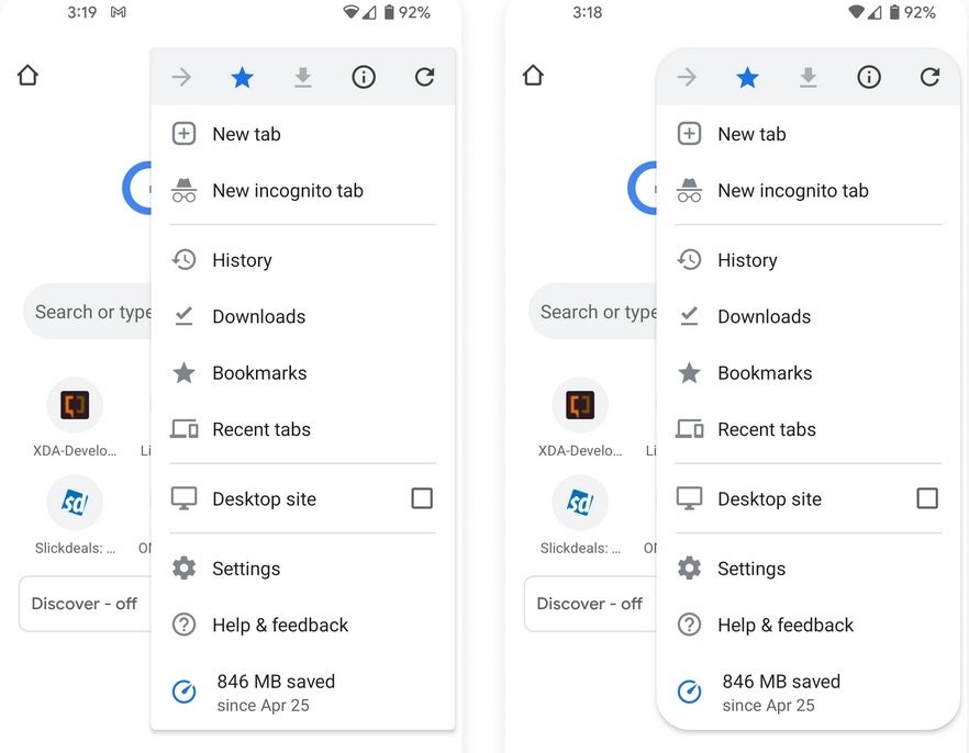 At left, the current overflow menu for Chrome. At right, the Material You version of the menu - You can give Chrome for Android an early and small "Material You" makeover