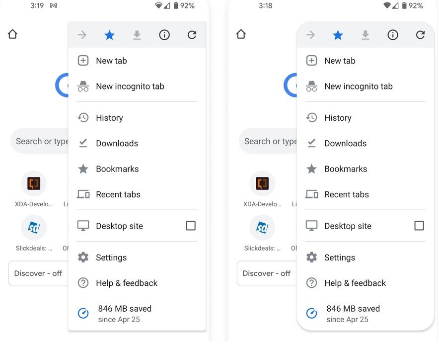 At left, the current overflow menu for Chrome. At right, the Material You version of the menu - You can give Chrome for Android an early and small &quot;Material You&quot; makeover