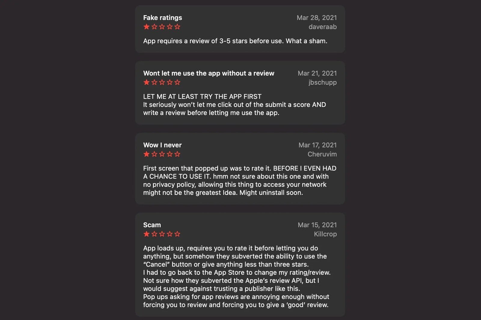 Some users were able to post poor reviews for the app - Former App Store app demanded a three-star rating before it would open