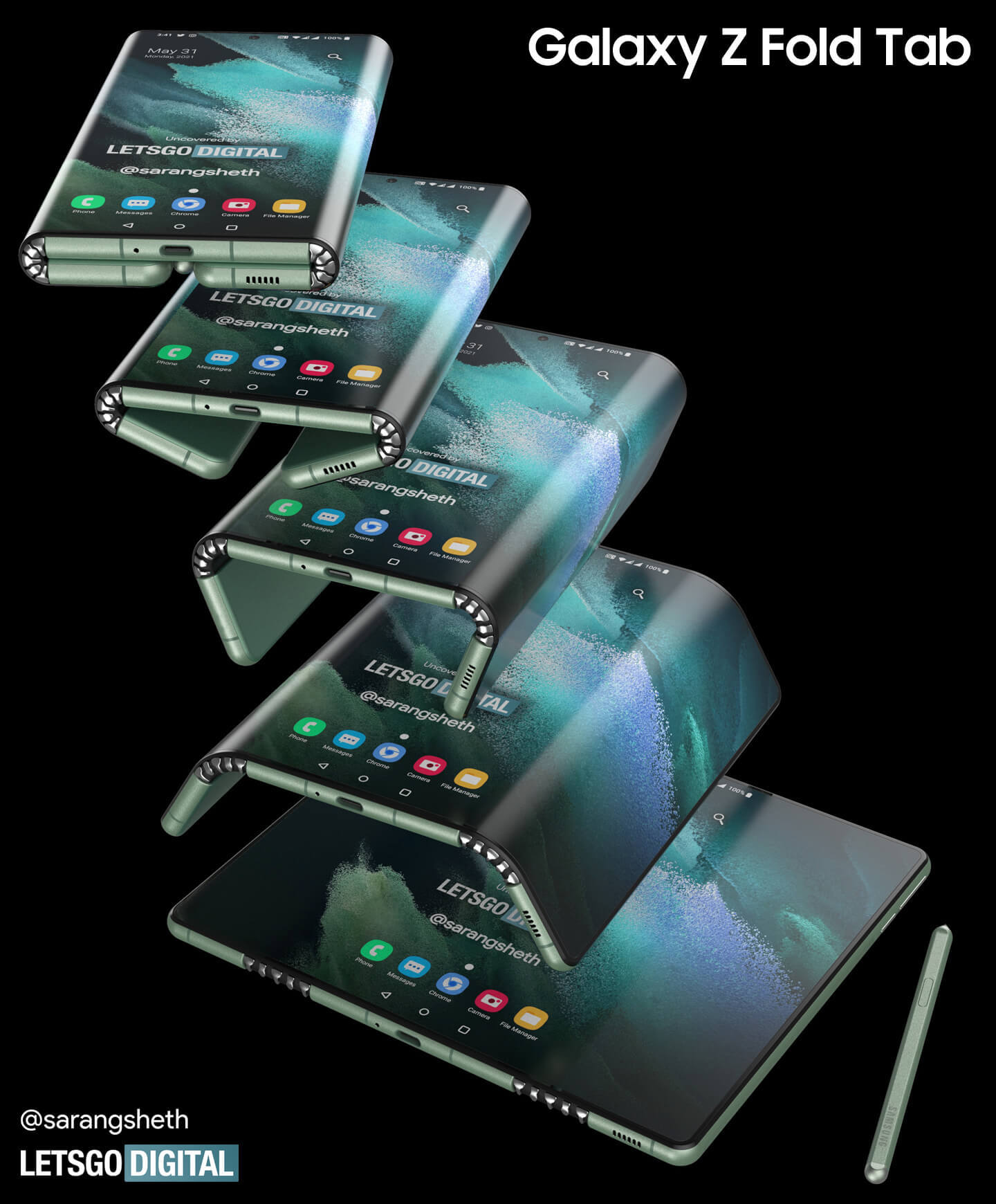 Renders of the Galaxy Z Fold Tab - Tri-fold Galaxy Z Fold Tab renders appear with two hinges and large tablet-like screen