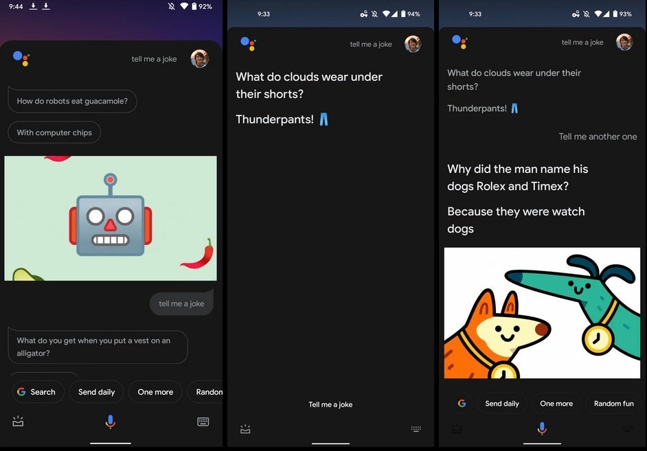 At left, the old look with dialogue balloons. At center and right, the updated look with larger, bolded text - Google Assistant to replace dialogue bubbles and small text with large bolded print