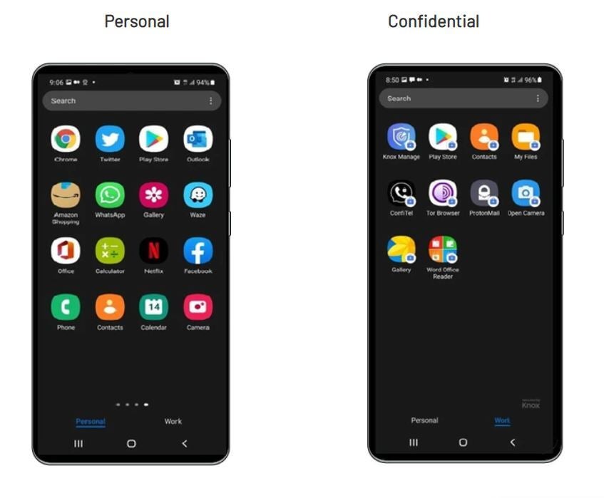 Personal mode on the left and Work Space mode on the right - A $2,650 Galaxy S21 called the Sirin V3 comes with military-grade security