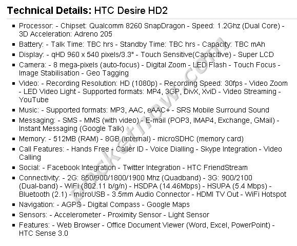 Alleged specs of the Galaxy S 2, Desire HD2, Desire 2 and Wildfire 2 are leaked