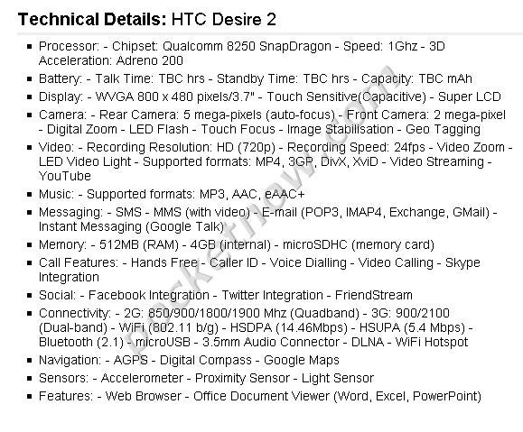 Alleged specs of the Galaxy S 2, Desire HD2, Desire 2 and Wildfire 2 are leaked