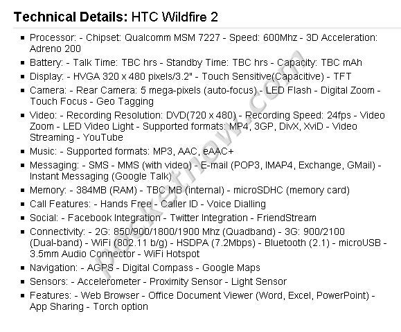 Alleged specs of the Galaxy S 2, Desire HD2, Desire 2 and Wildfire 2 are leaked