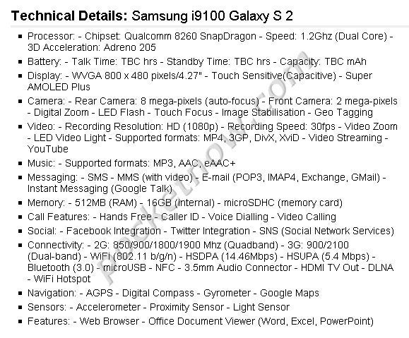 Alleged specs of the Galaxy S 2, Desire HD2, Desire 2 and Wildfire 2 are leaked