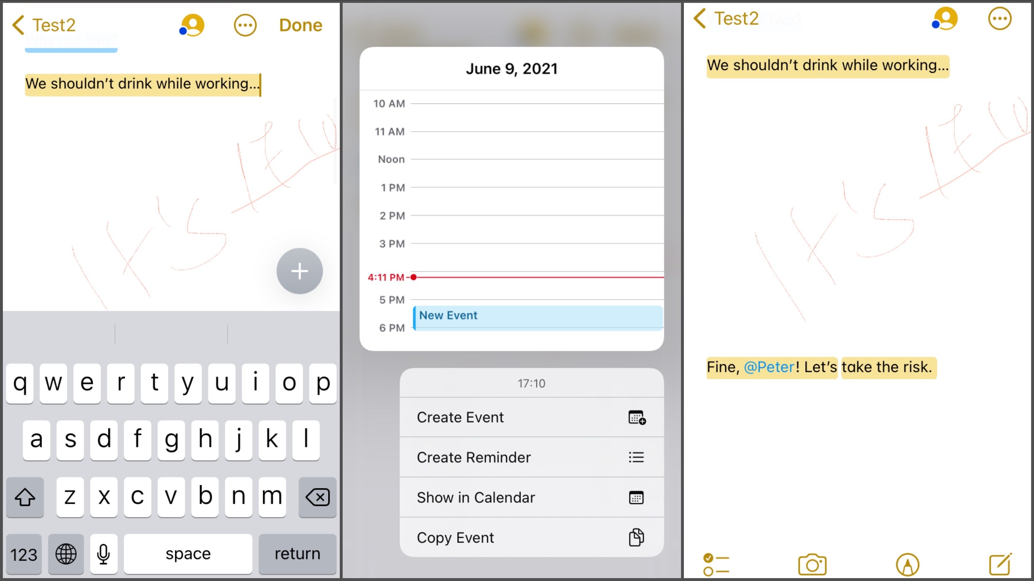 When someone types a time (like Peter&#039;s done here), you get an automatic suggestion to add the event to your calendar, or even set a reminder! - iOS 15 and iPadOS 15 make Apple&#039;s Notes more notable than ever: All new features