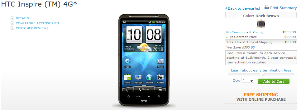Starting today, AT&amp;T is offering a great deal on the HTC Inspire - AT&T now taking orders for the HTC Inspire 4G at $99 with contract, $399 without pact
