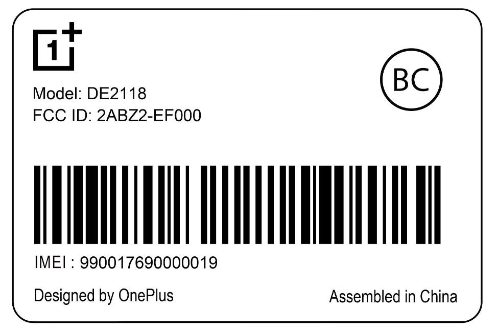 Copy of the smartphone label for model DE2118 - FCC document hints at imminent unveiling of new U.S. OnePlus Nord handset