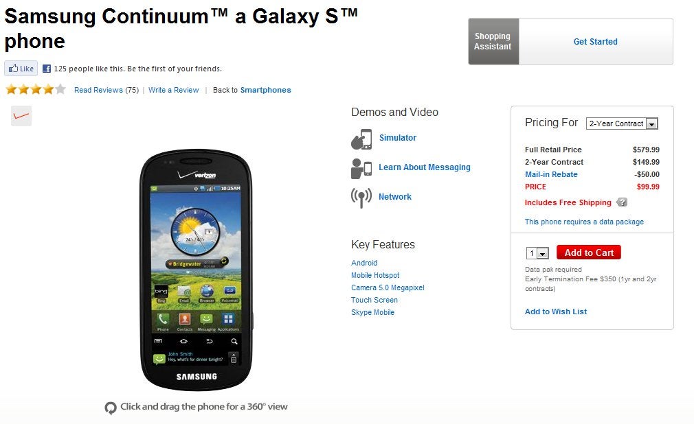 Verizon lowers the price of the Samsung Continuum to $99.99