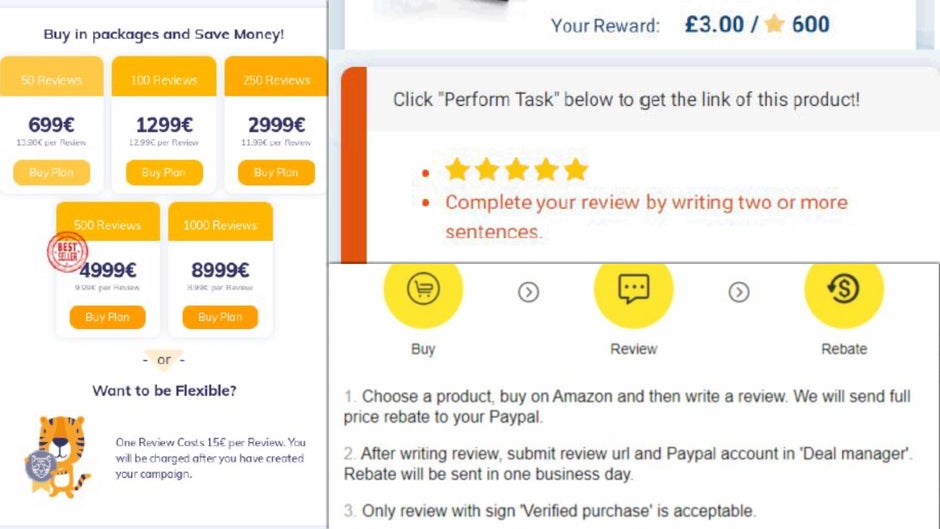 AMZTigers sells individual (£13) and bulk packages starting at £620 for 50 reviews. Prices can go up to £8,000 for 1,000 reviews. In other words, that's a serious business.  - Are Amazon and Google encouraging fake reviews