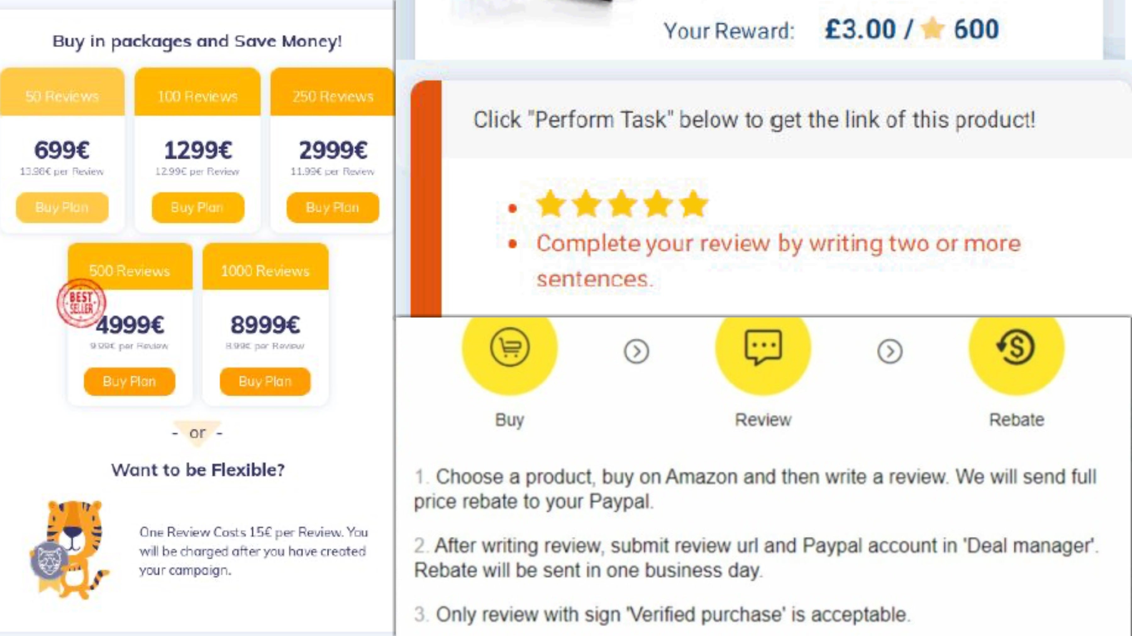 AMZTigers sells individual (£13) and bulk packages starting at £620 for 50 reviews. Prices can go up to £8,000 for 1,000 reviews. In other words, that&#039;s a serious business.  - Are Amazon and Google encouraging fake reviews?