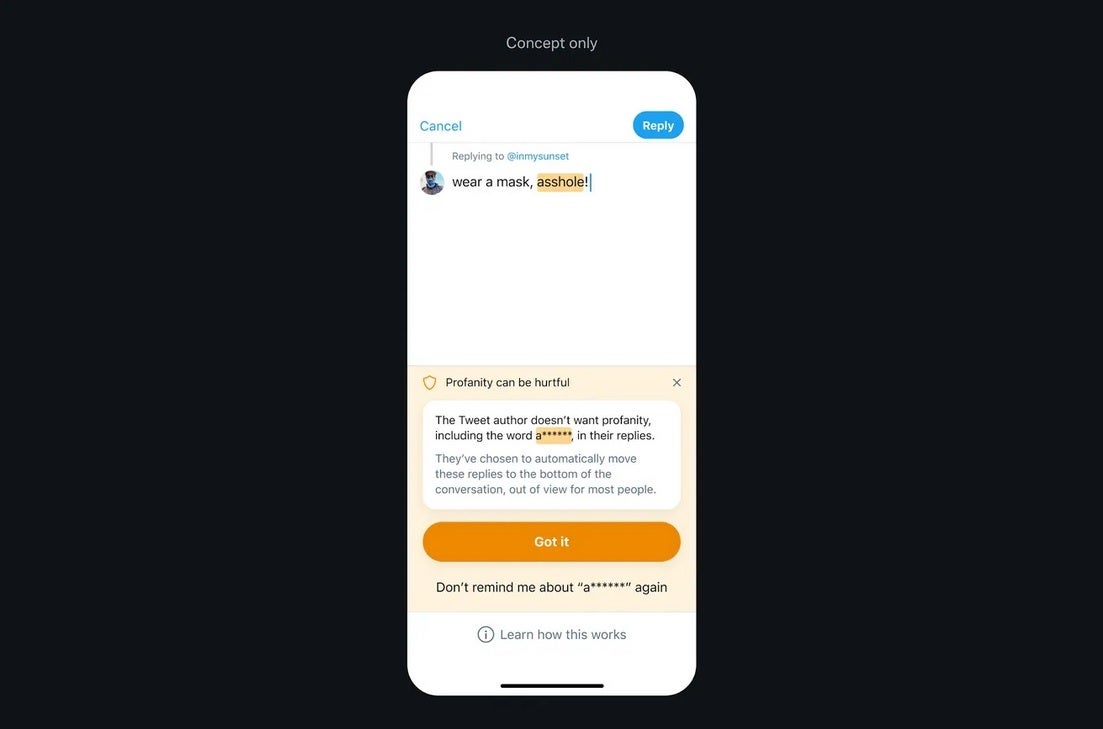 One concept moves profanity-laced responses to the bottom of a conversation out of view for most users - Twitter shows off a trio of design concepts that might be added to the app some day