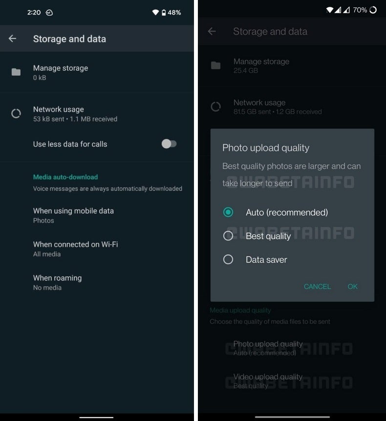 At left, a look at the current version of WhatsApp and at right you&#039;ll find the customized picture settings options being developed - WhatsApp developing a way for users to send hi-res videos without attaching them as documents