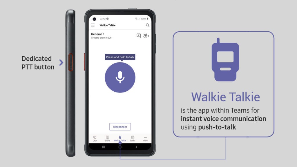 The button on the Galaxy XCover Pro can be programmed as a dedicated Push-To-Talk button - You will soon be able to use your phone as a walkie-talkie with Microsoft Teams