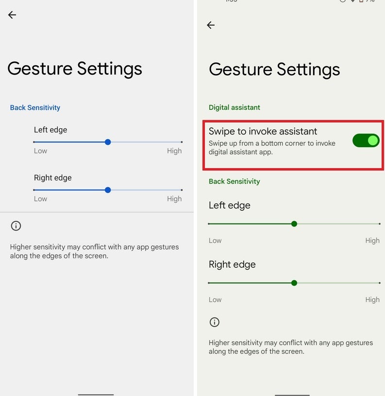 Android 12 beta 2 at left, beta 3 at right. Credit-AndroidPolice - Latest Android 12 beta gives users an easier way to disable Google Assistant swipe gesture