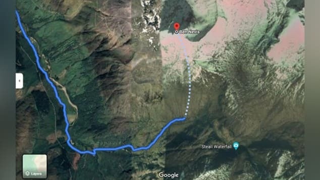 This image shows a dangerous route suggested by Google Maps to climb up Scotland's tallest mountain - Google Maps is giving out potentially fatal directions to mountain climbers