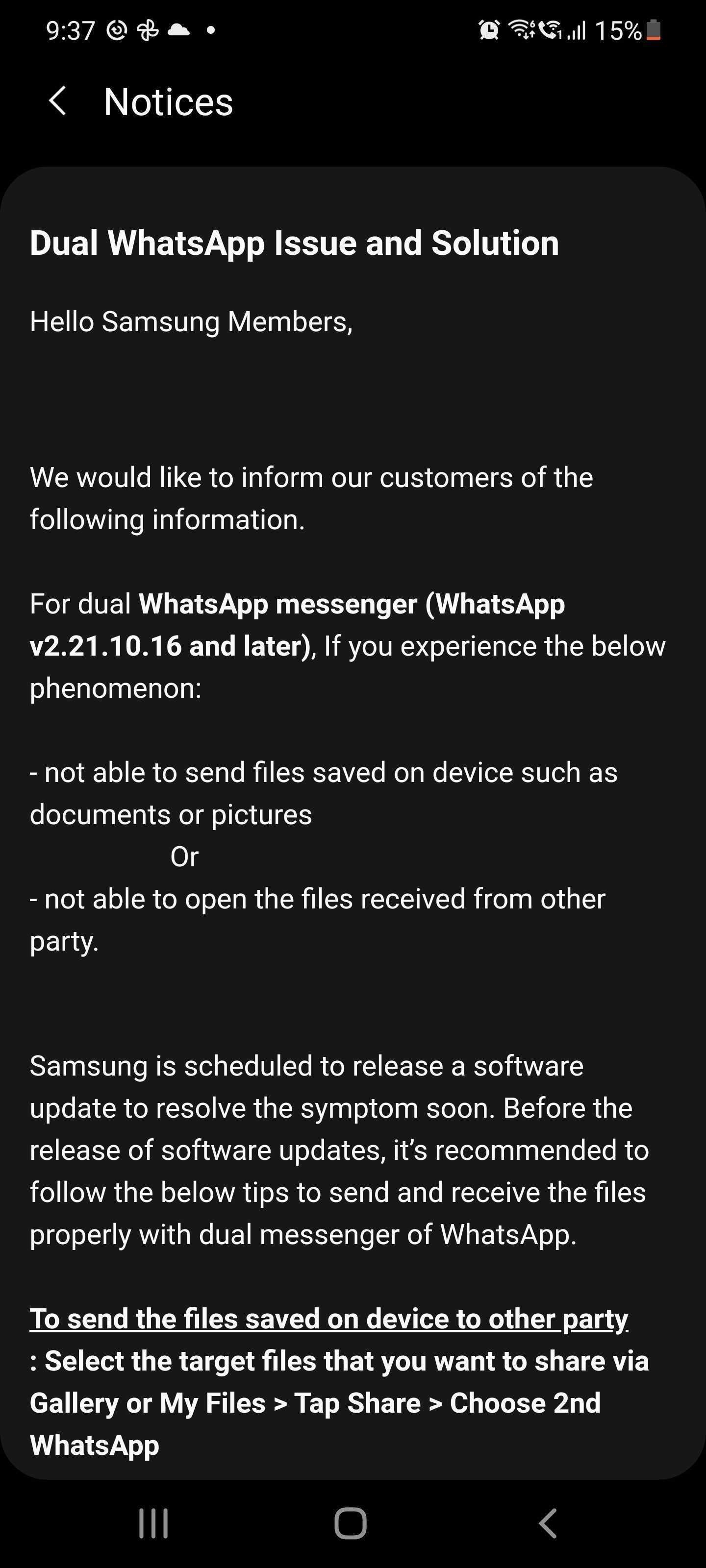 Samsung promises to fix a Dual Messenger WhatsApp file-sharing issue soon