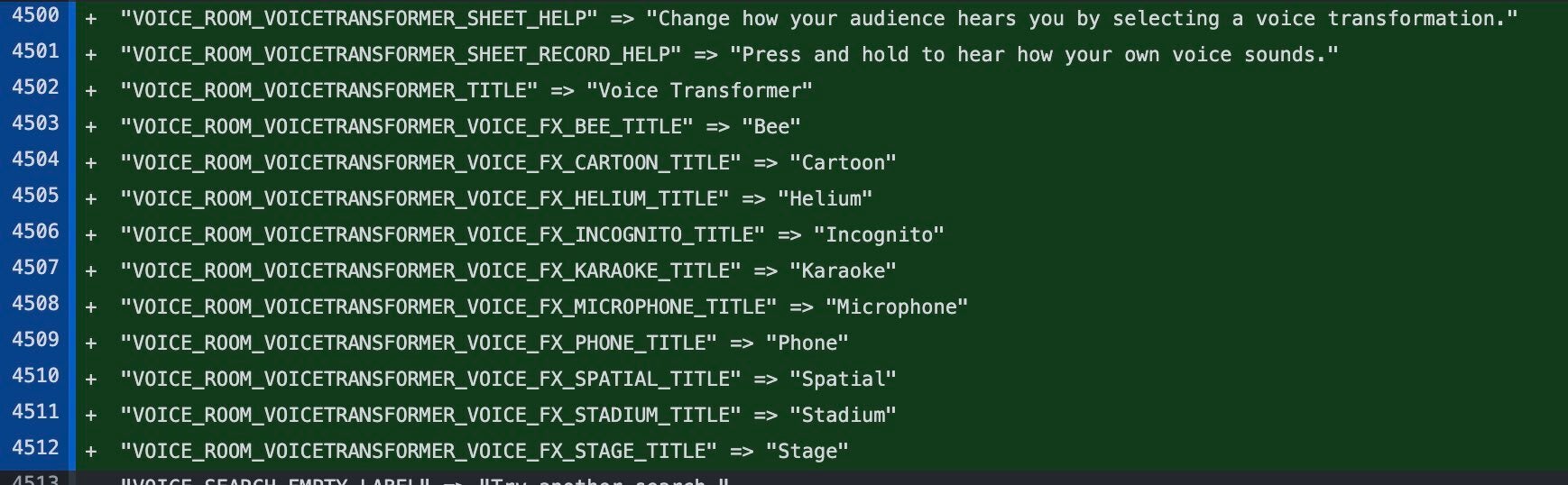 Back-end code references for the voice effects, revealed by Steve Moser - Twitter working on voice effects to change the way you sound for voice chat feature Twitter Spaces