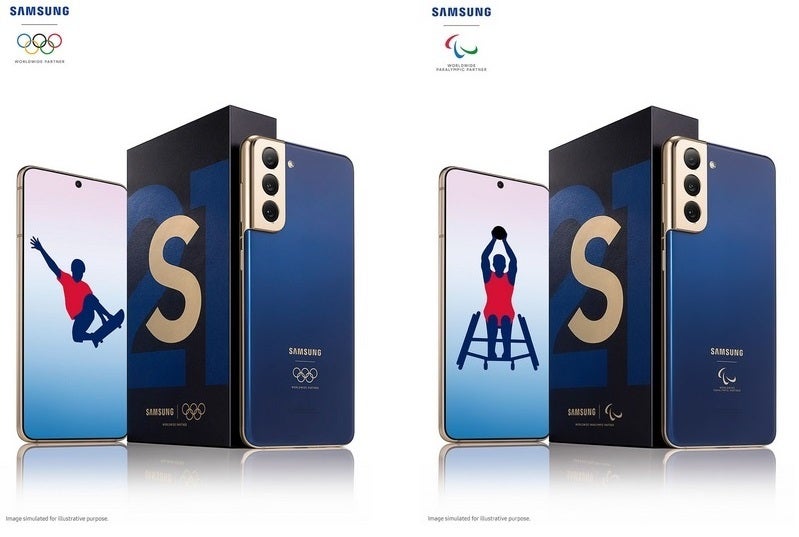 At left, the Limited Edition Olympic Galaxy S21 5G with the Paralympic model at right - Samsung leaks image of Galaxy Z Fold 3 in virtual Media Center for the Tokyo Olympics