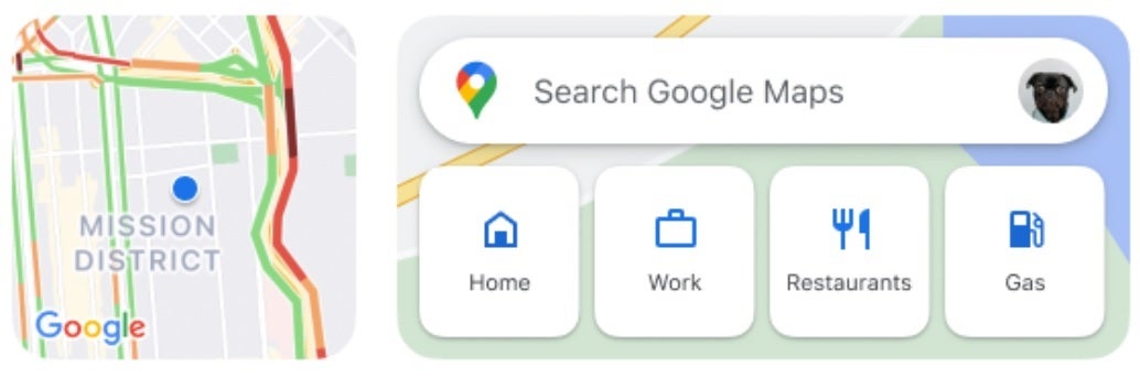 The two Google Maps widgets for iOS with the Traffic widget at left and the Search widget at right - Check out the new features coming to the iOS version of Google Maps (Dark Mode is included!)