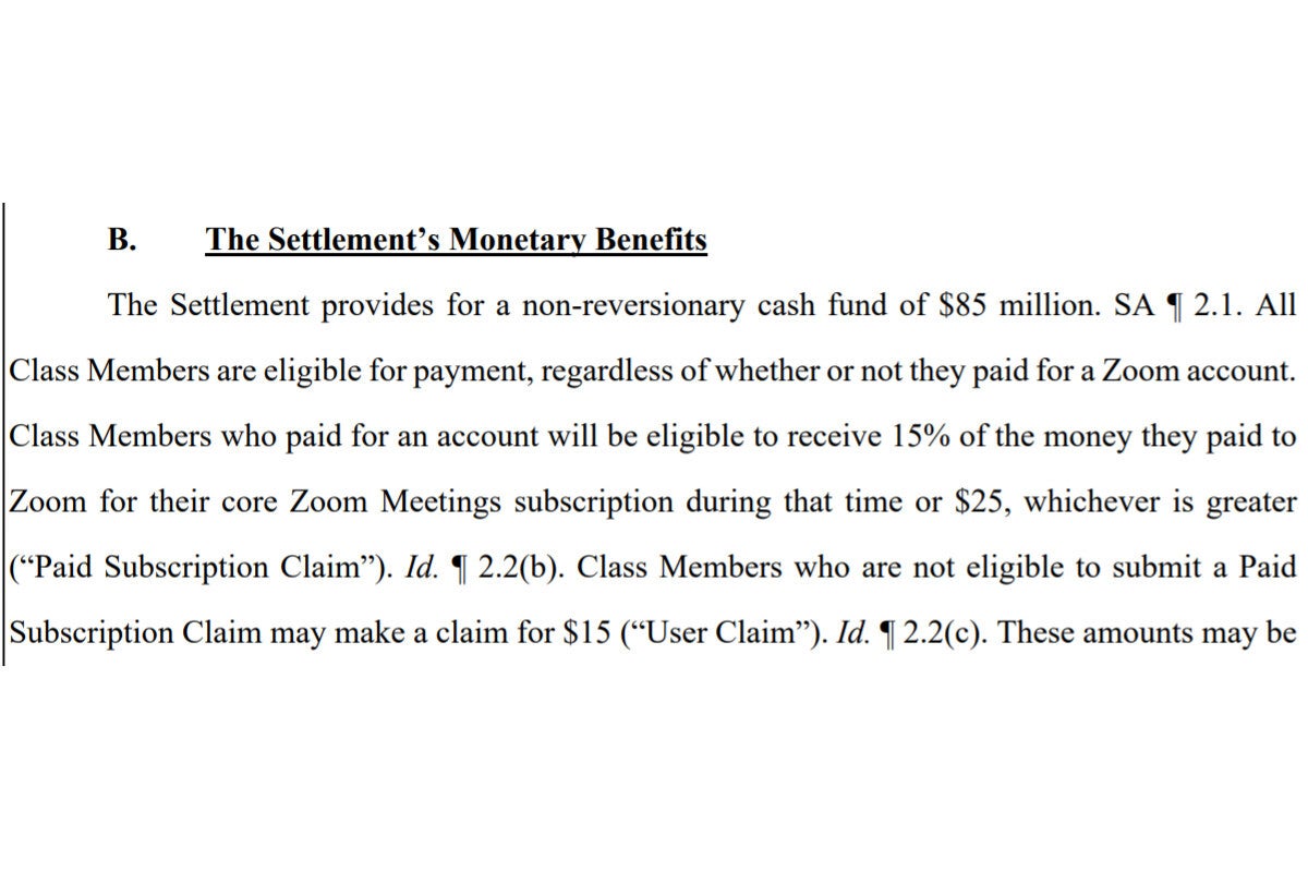 A screenshot from the settlement proposal - Zoom will owe you $15 after lawsuit for lying about encryption