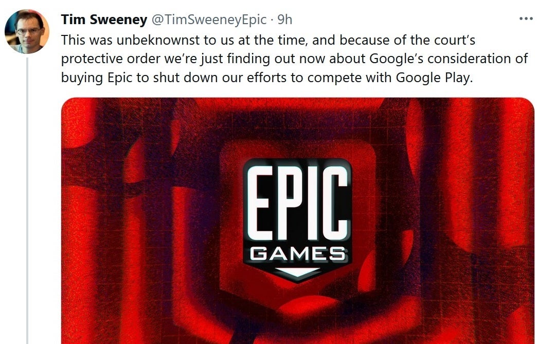 Epic CEO Tim Sweeney tweets that his company had no idea until now that Google considered buying his firm - To keep that money spigot flowing, Google reportedly considered buying Epic Games