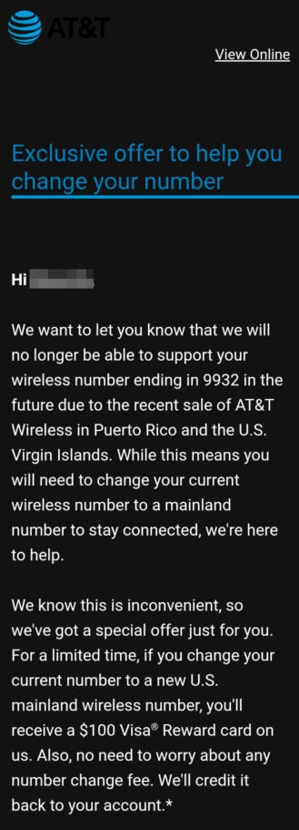 AT&amp;T wants some of its customers in two markets to give up their phone numbers in exchange for a $100 gift card - Some AT&T customers are losing their phone numbers in exchange for a $100 gift card