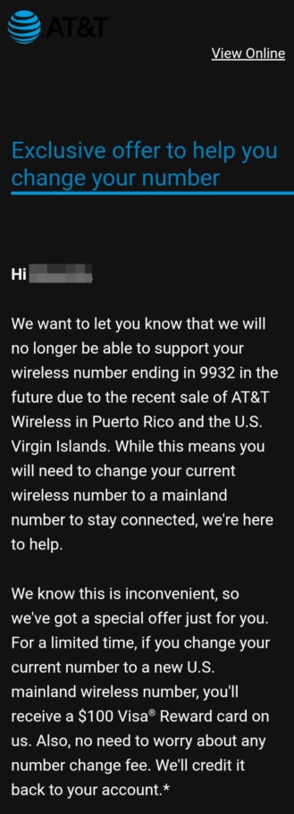 AT&T wants some of its customers in two markets to give up their phone numbers in exchange for a $100 gift card - Some AT&T customers are losing their phone numbers in exchange for a $100 gift card
