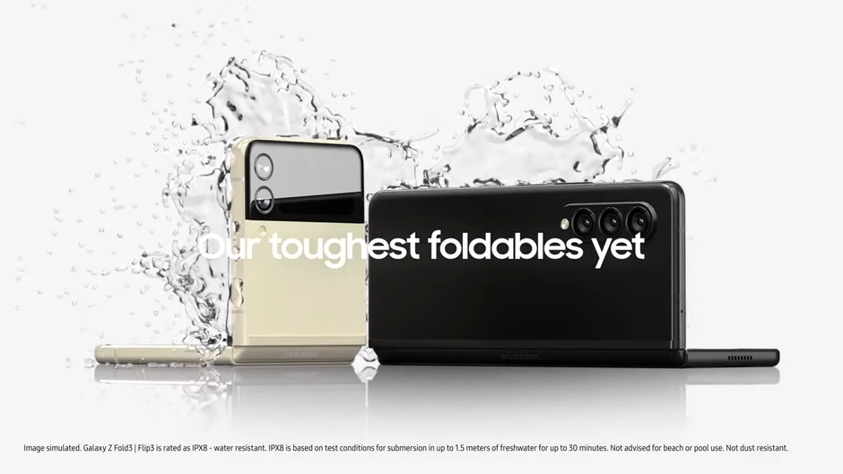 Leaked promotional image of the Galaxy Z Flip 3 and the Galaxy Z Fold 3 stating they are not dust resistant - Аre the Samsung Galaxy Z Fold 3 and Z Flip 3 waterproof? Here's what we know so far