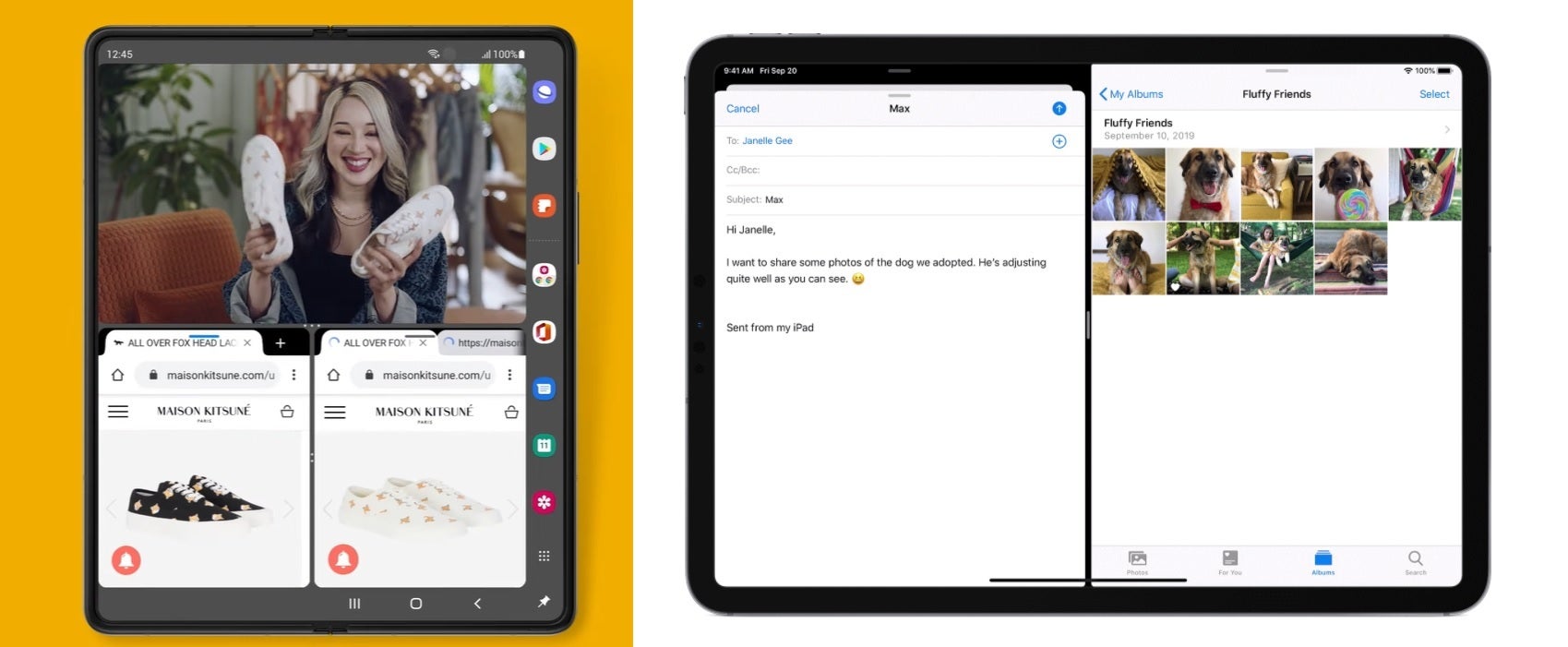 Z Fold 3 multitasking on the left and iPad multitasking on the right. Note that the Z Fold 3 has three apps open in split view and a pinned app dock for quick access. None of that for iPad users, despite iPads having much larger displays. - Samsung&#039;s Galaxy Z Fold 3 multitasking crushes the iPad