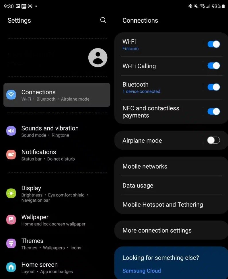 With the minor DPI change to the Fold 3 screen, the Settings app is optimized to fit the larger tablet-sized screen - Samsung's small change to the Fold 3 display allows apps to better fit the tablet-sized screen