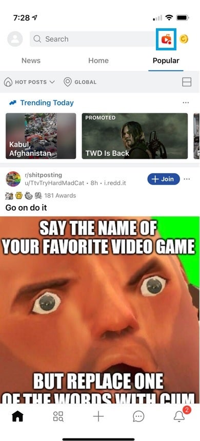 Tap the icon to the right of the search bar inside the blue box to view Reddit's short-form videos - Reddit adds TikTok style short-form video feed to its iOS app