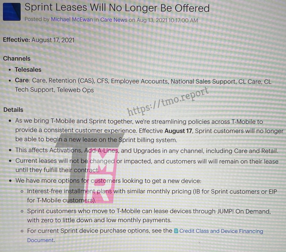 T-Mobile Sprint plan lease termination memo - T-Mobile stops leasing phones on a Sprint plan