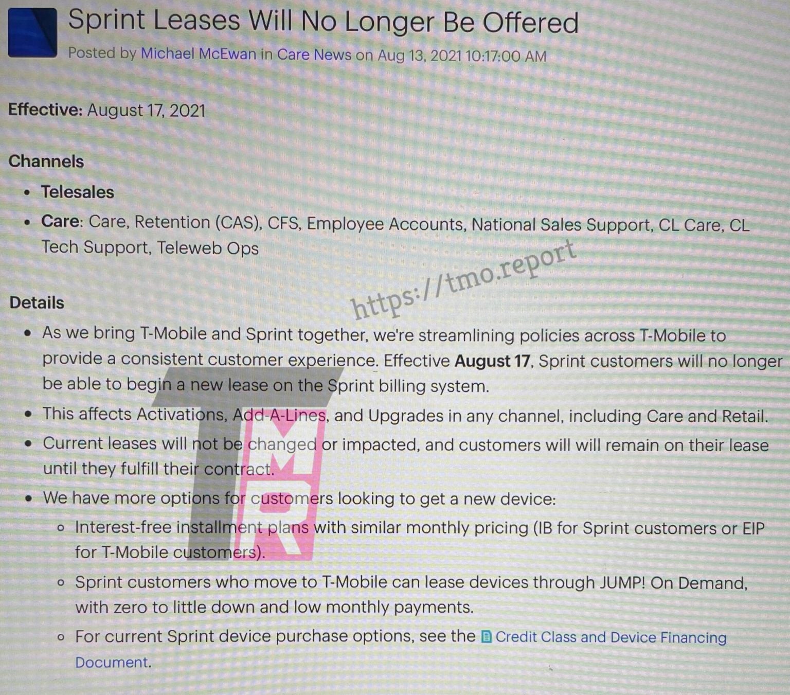 T-Mobile Sprint plan lease termination memo - T-Mobile stops leasing phones on a Sprint plan