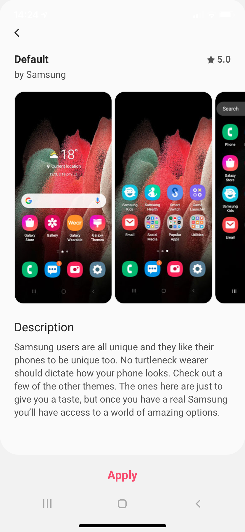 Screenshot of the Samsung iTest app's unfortunate description - Samsung seemingly mocks Steve Jobs: calls him a "turtleneck wearer"